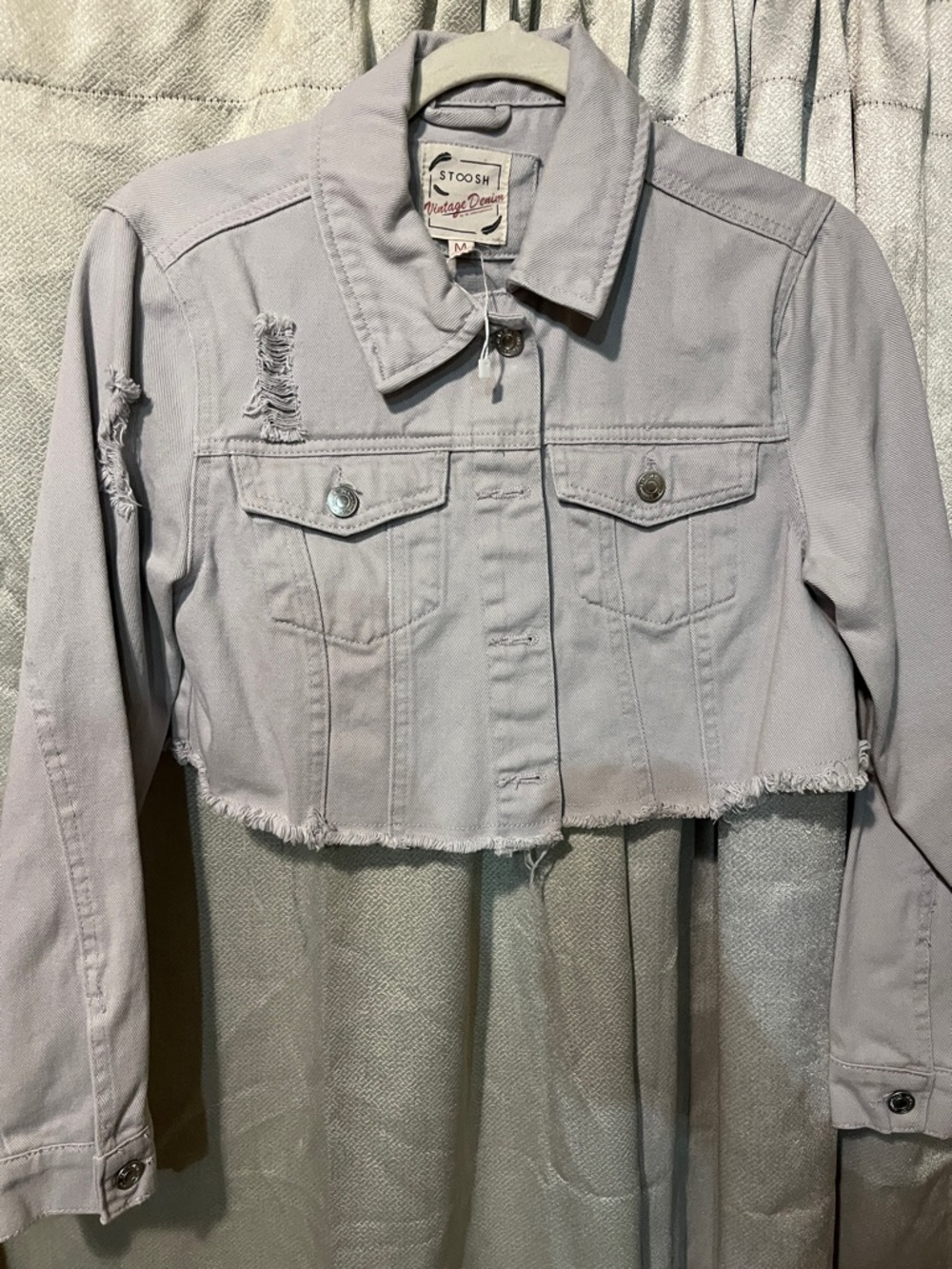 Stoosh Cropped Distressed Denim Jacket - Pale Lavender Gray